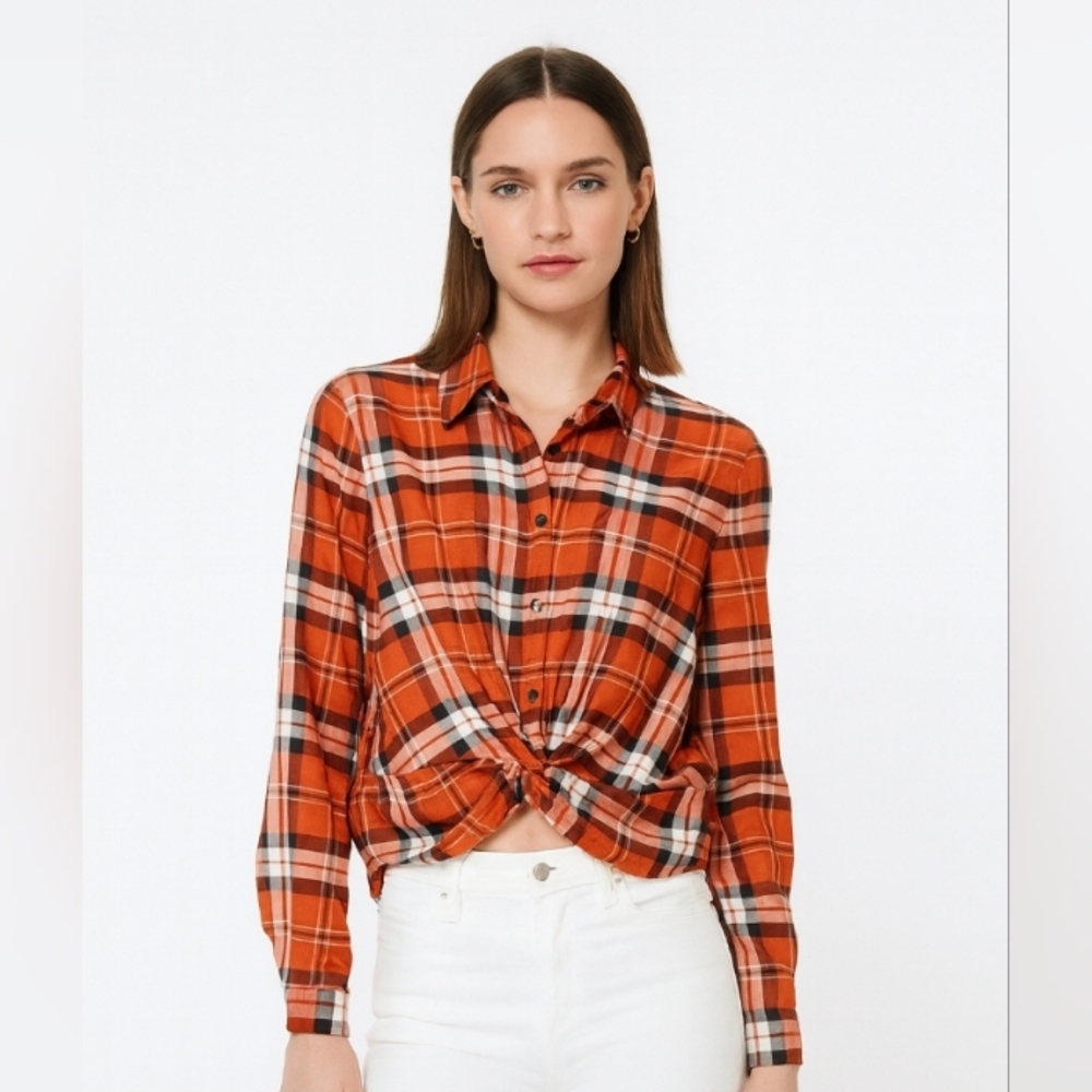 Love Tree Tie Knot Plaid Pullover Blouse Red Black Large